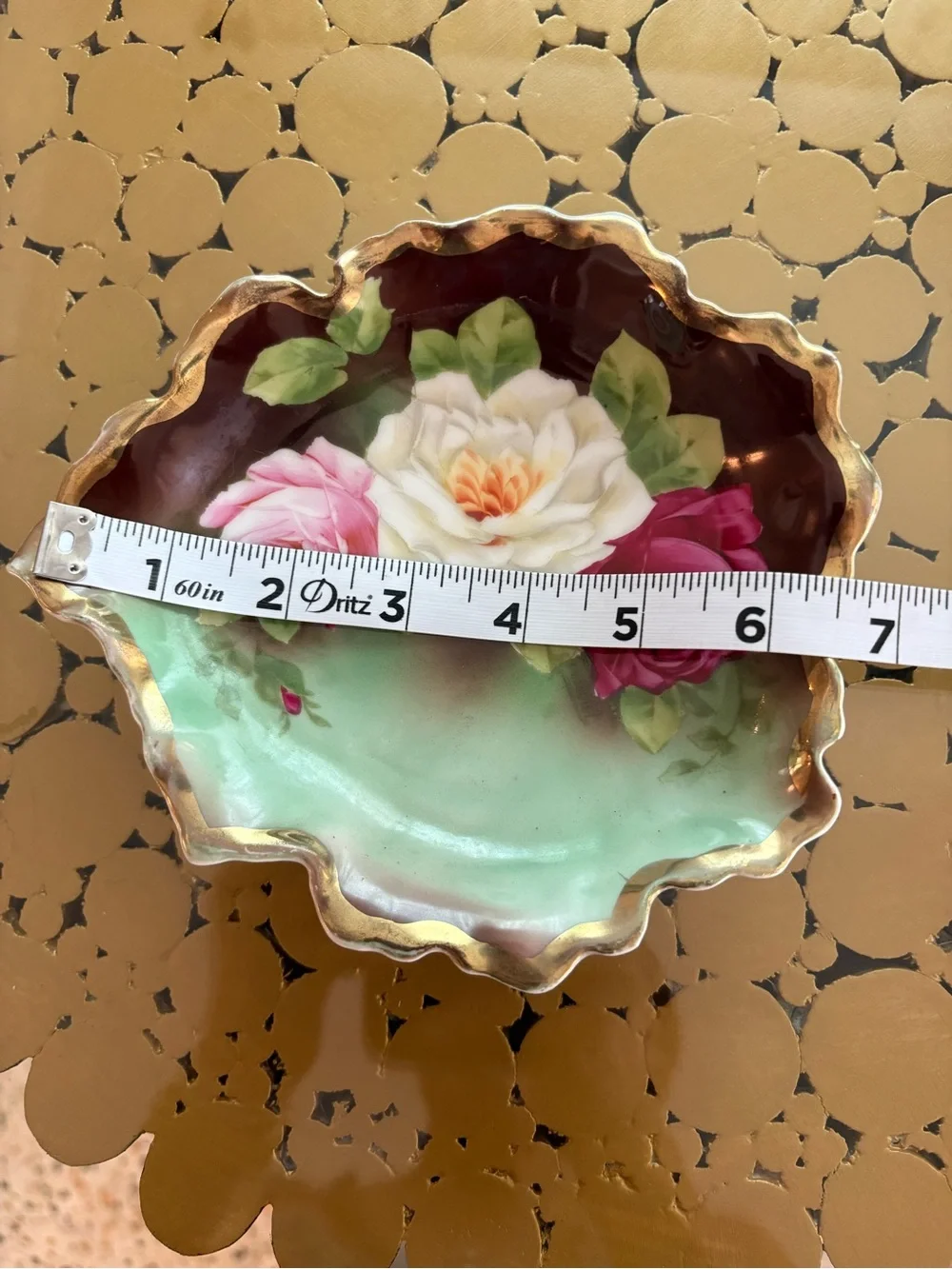 VINTAGE Hand Painted Dish! Leaf shape with Roses & Gold trim.